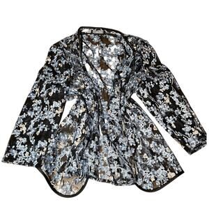 Floral Mesh Embroidered Open Front Cardigan Top Blue Black Size XL